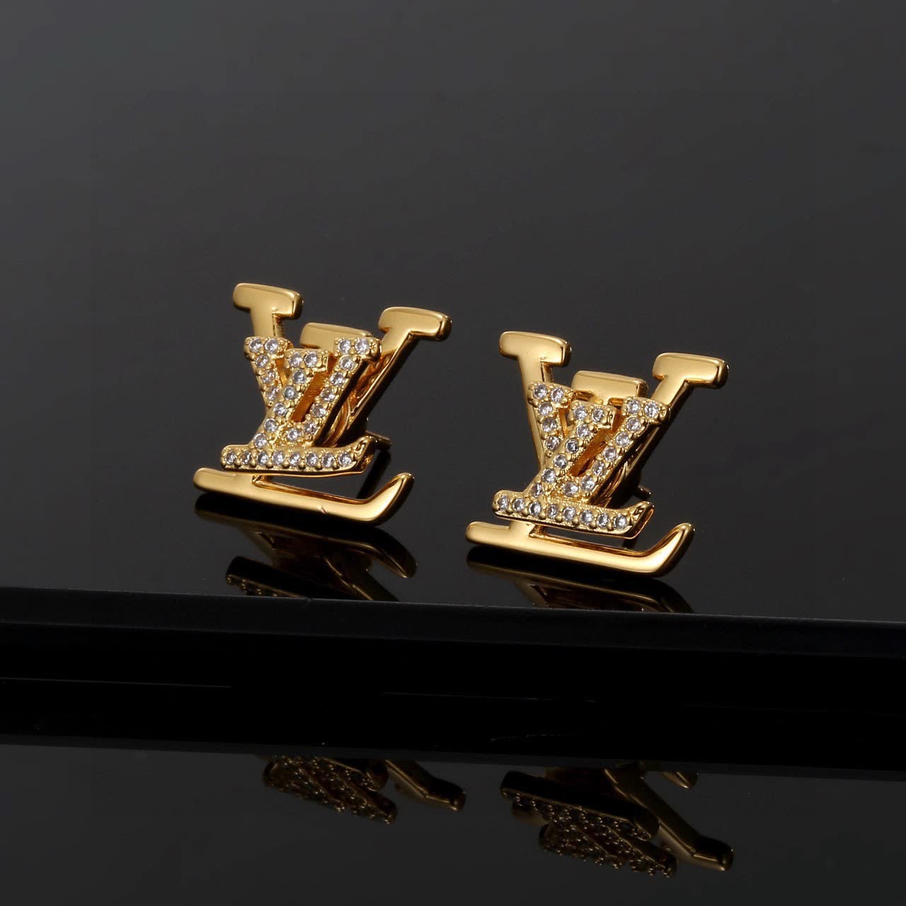 Louis Vuitton Gold Tone Crystal Stud Earrings